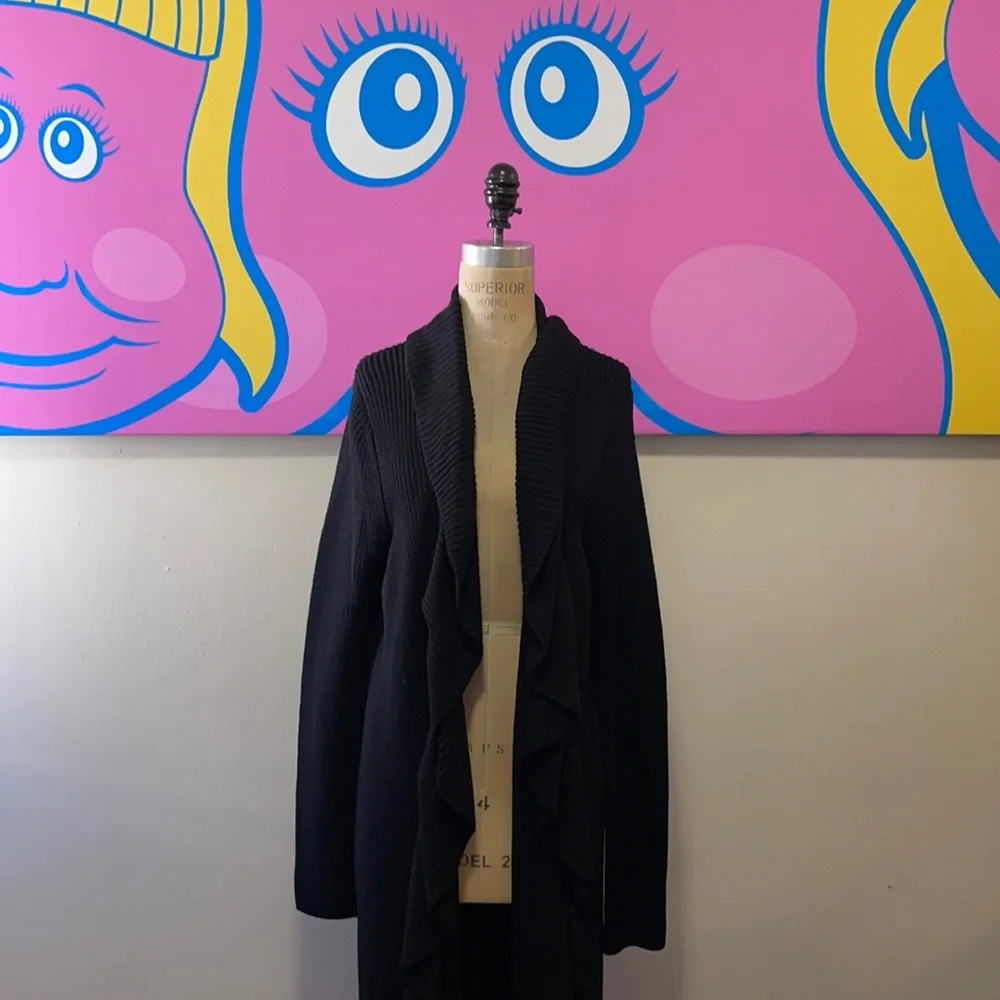 Elie Tahari Black Wool Ruffle Maxi Cardigan Sweater
